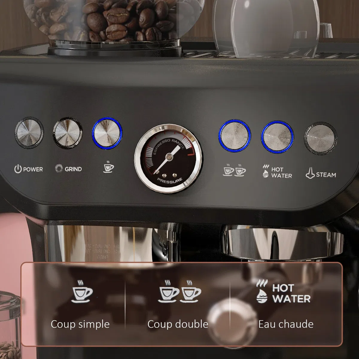 HOMCOM Machine à expresso machine à café à grains 1600W avec moulin à grains, buse vapeur, pompe italienne 15 bars, 1 ou 2 tasses, réservoir d'eau 2 L, cafetière espresso en acier inoxydable, noir
