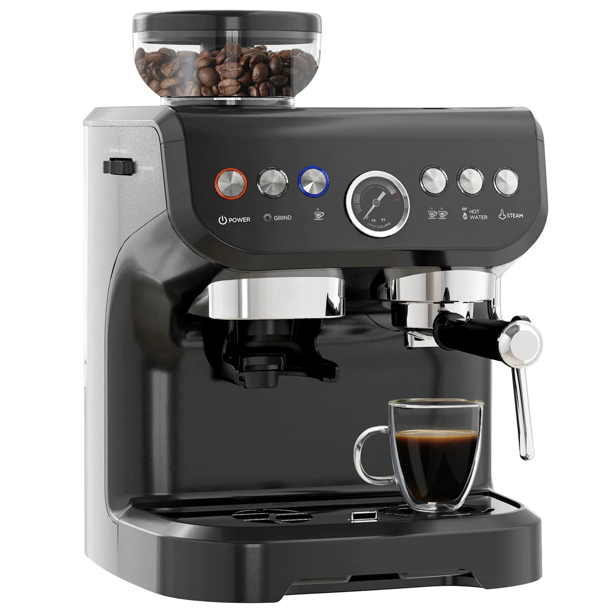 HOMCOM Machine à expresso machine à café à grains 1600W avec moulin à grains, buse vapeur, pompe italienne 15 bars, 1 ou 2 tasses, réservoir d'eau 2 L, cafetière espresso en acier inoxydable, noir