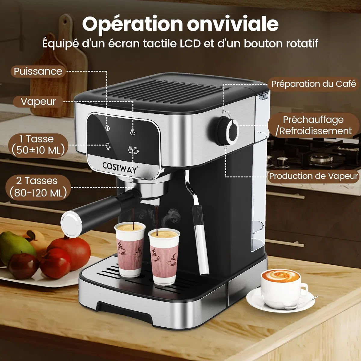 RELAX4LIFE Machine à Café Grain, Machine à Expresso avec Buse à Vapeur Réglable, Espresso Cool, 1,7 L Réservoir Amovible, Écran Tactile, 1104W Cafetière avec Presse-Tamper & Manche à Filtre Noir