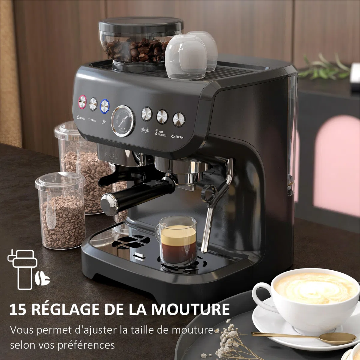 HOMCOM Machine à expresso machine à café à grains 1600W avec moulin à grains, buse vapeur, pompe italienne 15 bars, 1 ou 2 tasses, réservoir d'eau 2 L, cafetière espresso en acier inoxydable, noir
