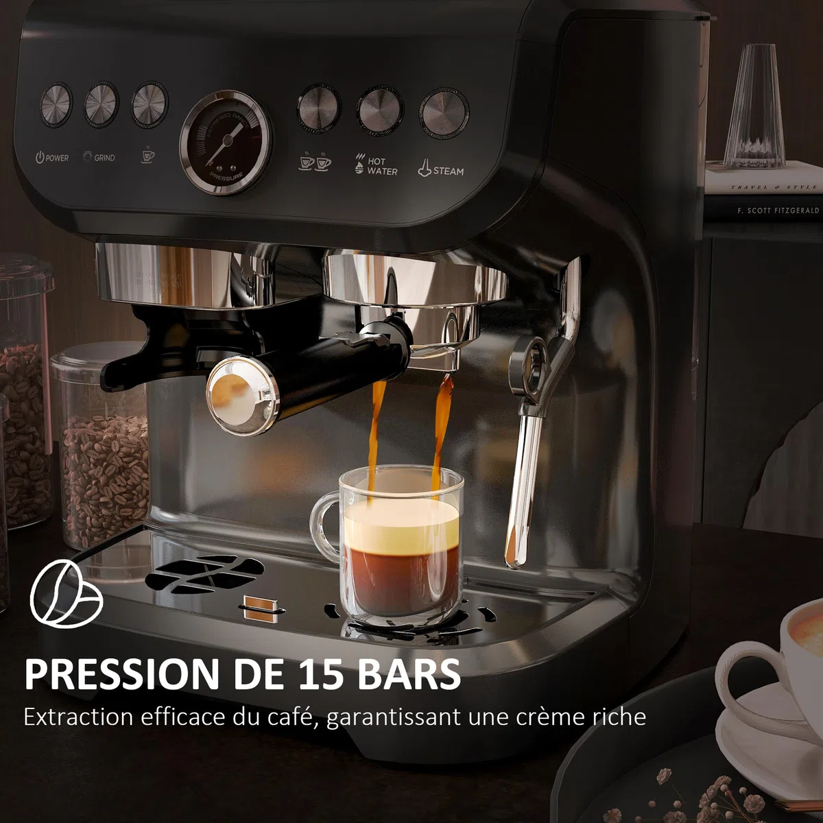 HOMCOM Machine à expresso machine à café à grains 1600W avec moulin à grains, buse vapeur, pompe italienne 15 bars, 1 ou 2 tasses, réservoir d'eau 2 L, cafetière espresso en acier inoxydable, noir