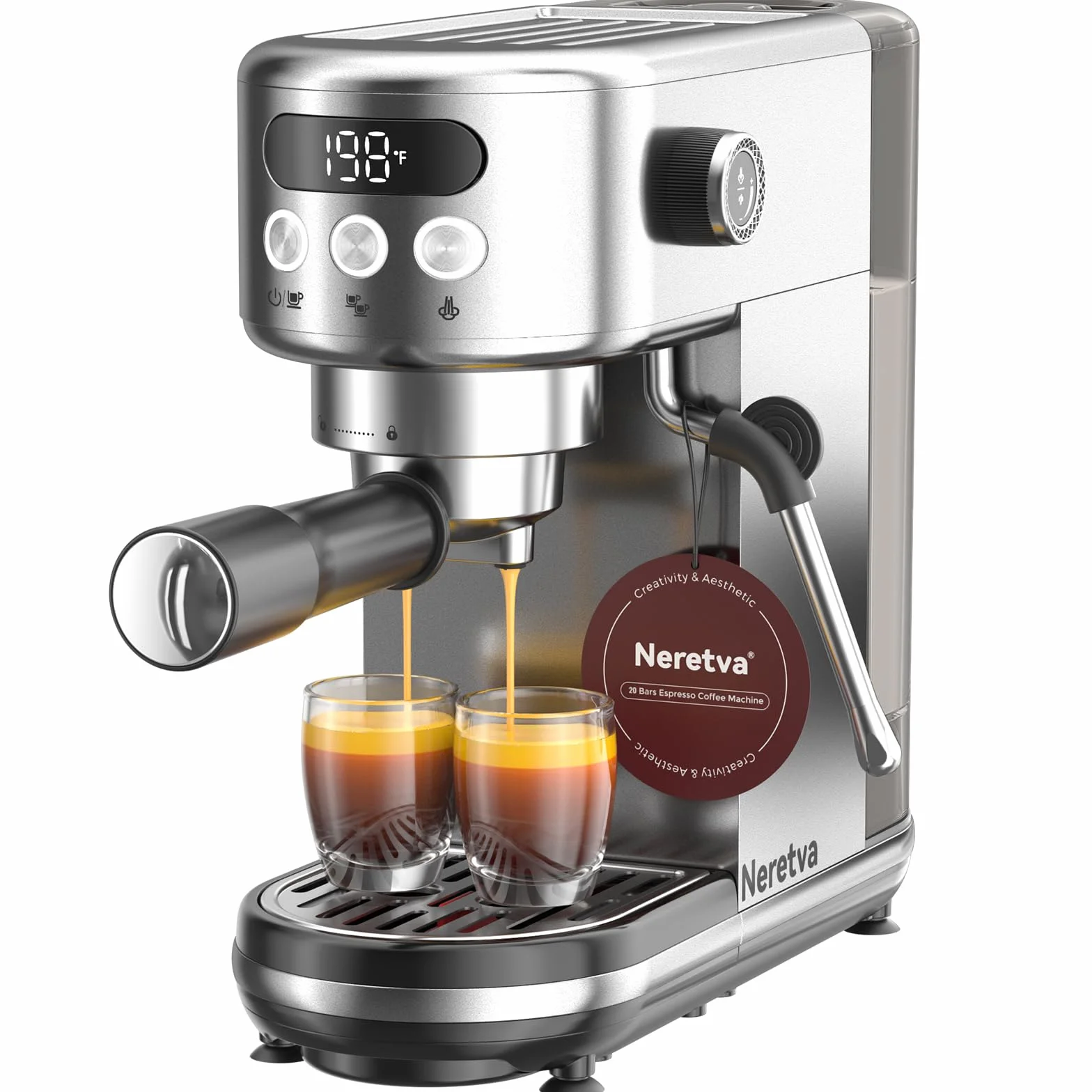 Neretva Machine a Cafe, 20 Bar Cafetière Expresso 1350W Compacte En Acier Inoxydable Avec Mousseur À Lait & Écran LED Machine à Cafe Utiliser Pour La Maison Capacité 1,3L - Espresso/Macchiato/Latte