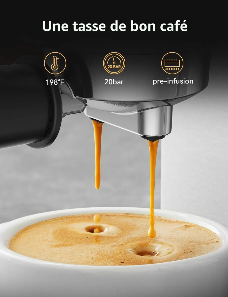 Neretva Machine a Cafe, 20 Bar Cafetière Expresso 1350W Compacte En Acier Inoxydable Avec Mousseur À Lait & Écran LED Machine à Cafe Utiliser Pour La Maison Capacité 1,3L - Espresso/Macchiato/Latte
