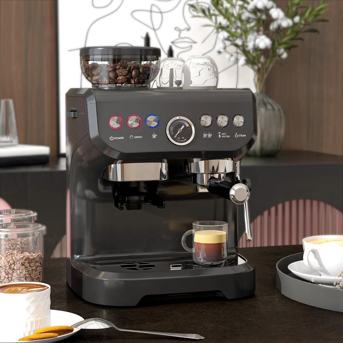 HOMCOM Machine à expresso machine à café à grains 1600W avec moulin à grains, buse vapeur, pompe italienne 15 bars, 1 ou 2 tasses, réservoir d'eau 2 L, cafetière espresso en acier inoxydable, noir