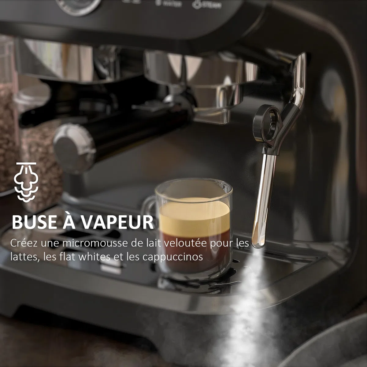 HOMCOM Machine à expresso machine à café à grains 1600W avec moulin à grains, buse vapeur, pompe italienne 15 bars, 1 ou 2 tasses, réservoir d'eau 2 L, cafetière espresso en acier inoxydable, noir