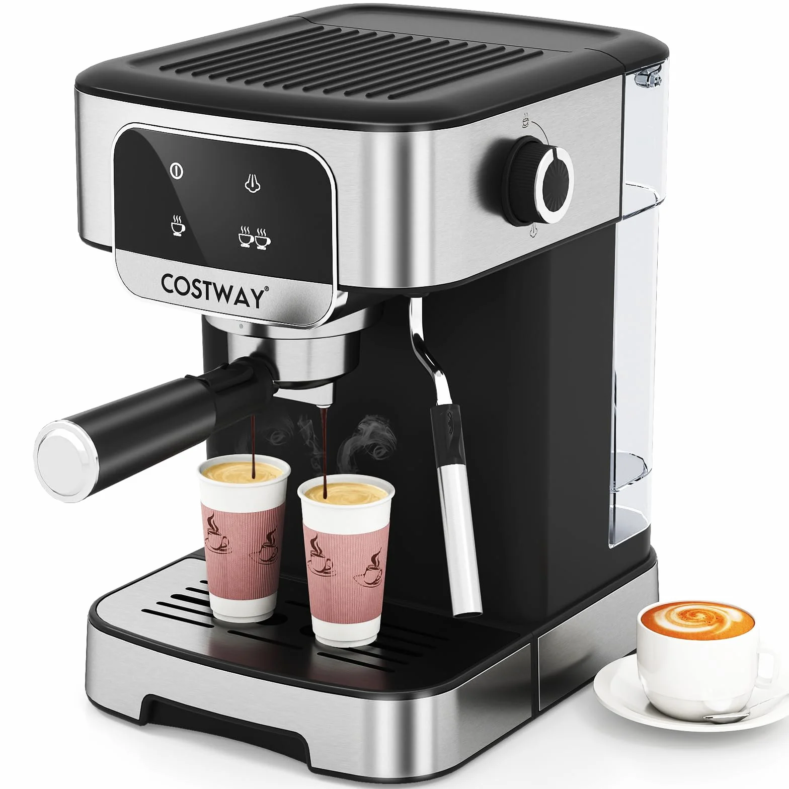 RELAX4LIFE Machine à Café Grain, Machine à Expresso avec Buse à Vapeur Réglable, Espresso Cool, 1,7 L Réservoir Amovible, Écran Tactile, 1104W Cafetière avec Presse-Tamper & Manche à Filtre Noir